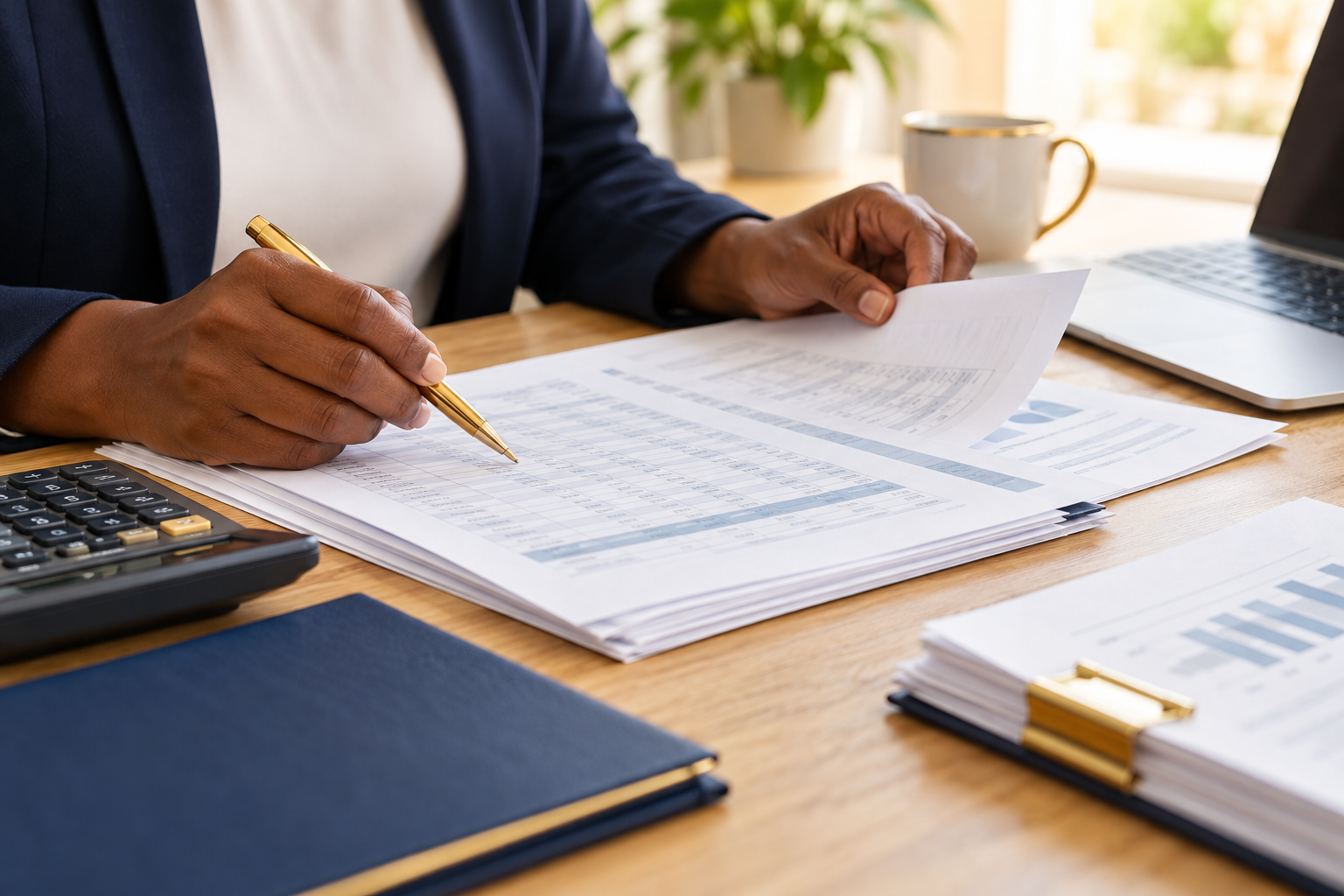 Illustrative close-up of hands reviewing tax paperwork beside a calculator