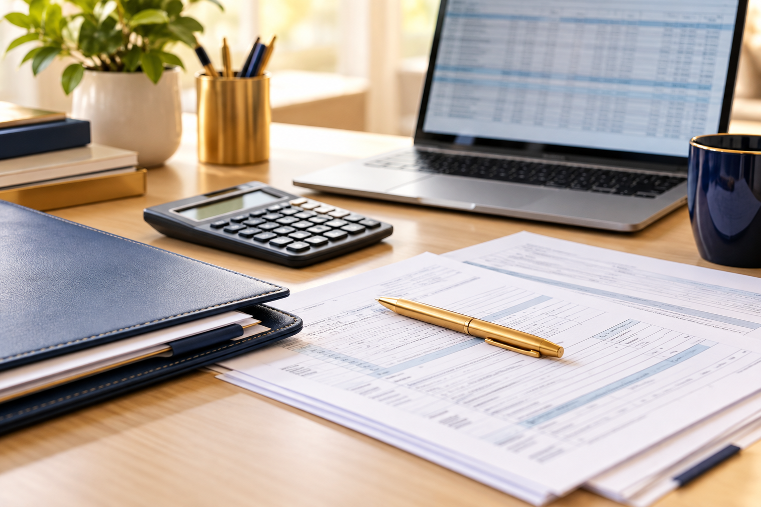 Illustrative tax-preparation workspace with a calculator, organized paperwork, laptop, and navy folder